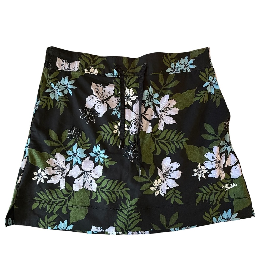 Speedo Womens Black Tropical Floral Swim Skort Medium Drawstring Board Skirt